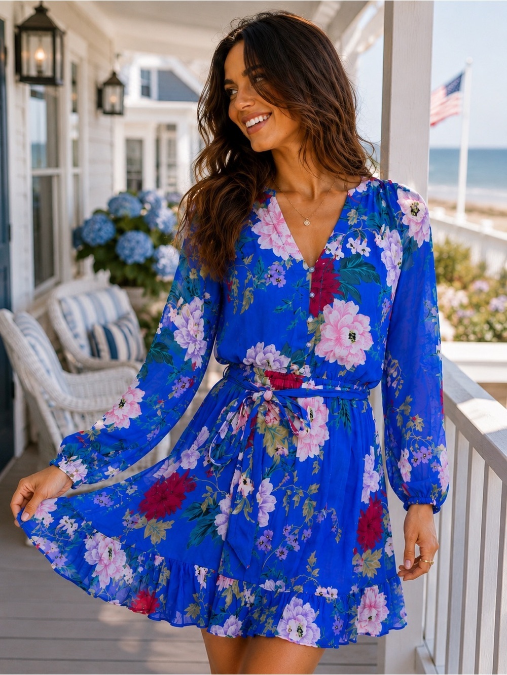 Yumi Kim Blue Floral Long Sleeve Ruffle Hem Mini Dress Size 2